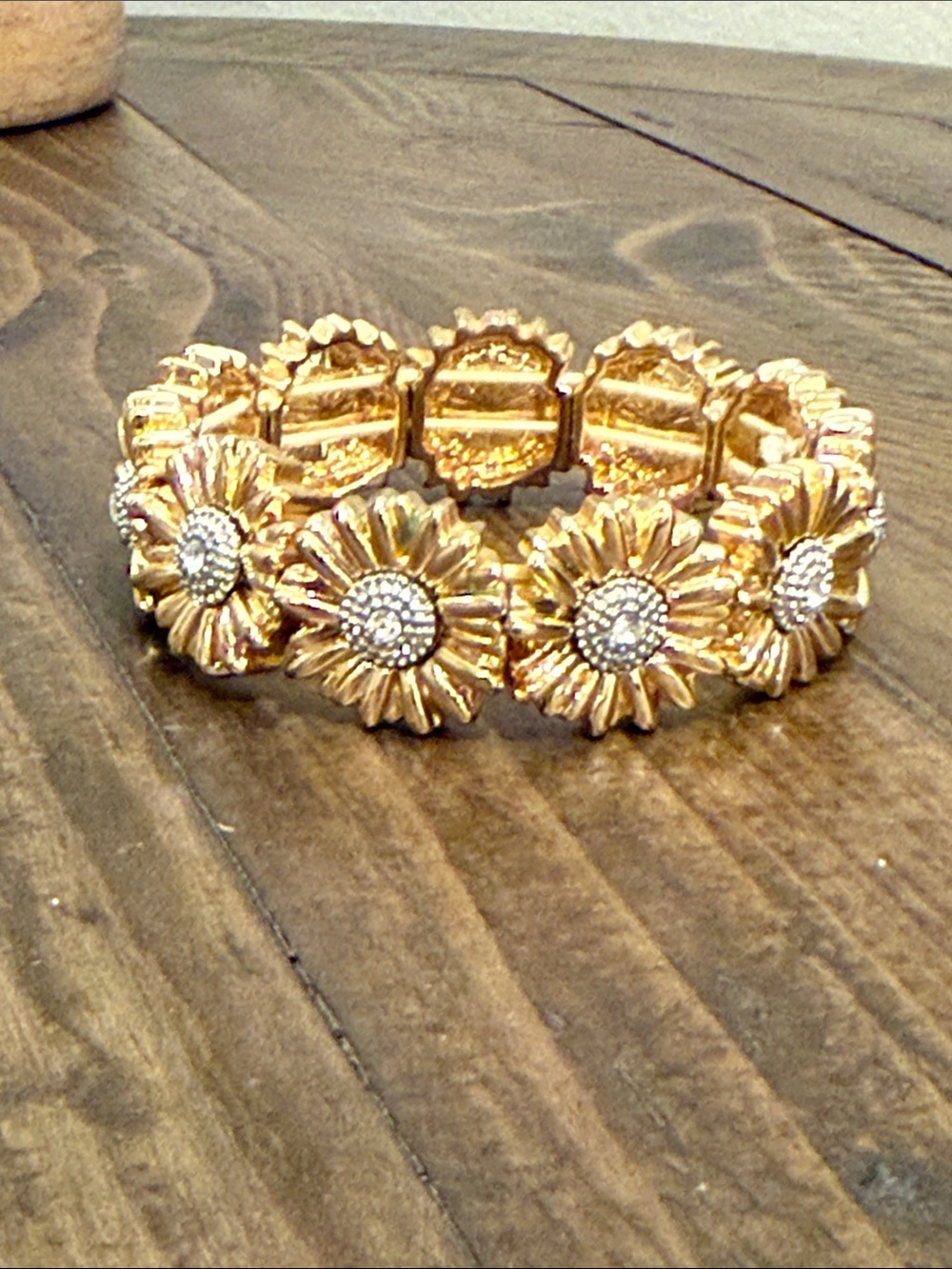 Gold Floral Stretch Bracelet with Crystal Centers